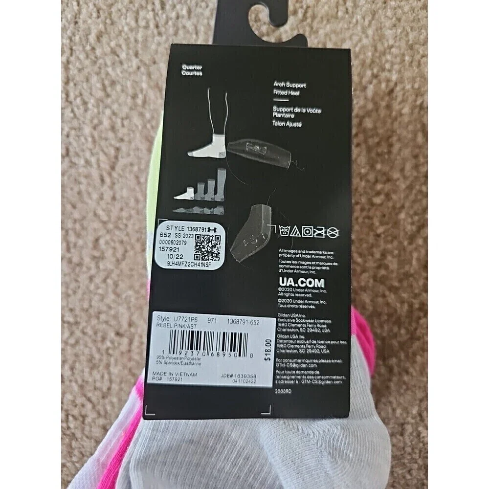 Under Armour Youth UA Essential Lite Quarter Socks Pink/Gray/White 6 Pair NEW